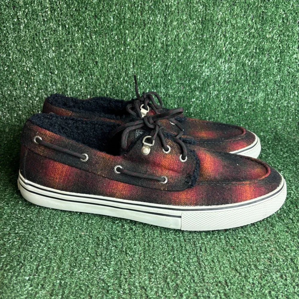 Sperry Bahama 3 Eye Wool Buffalo Plaid Fleece Lined Boat Shoes Red Mens‎ Size 13